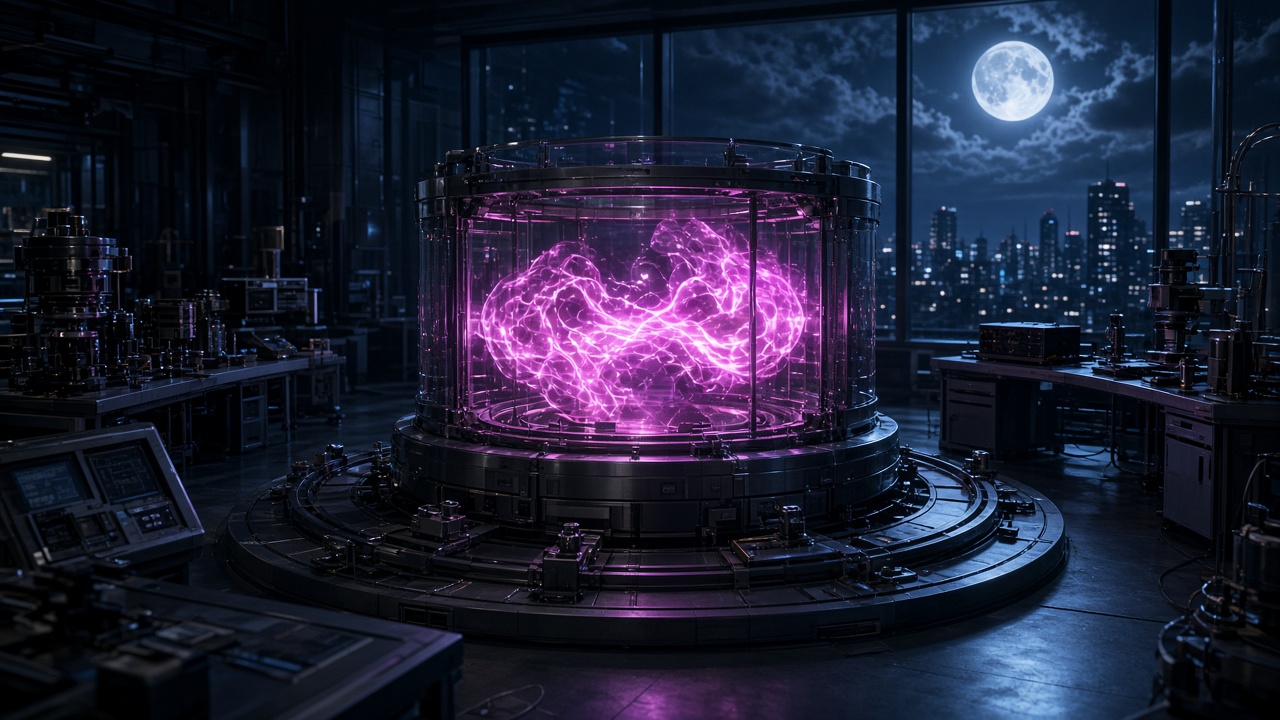 Night lab bench with a contained magenta glow over an open enclosure